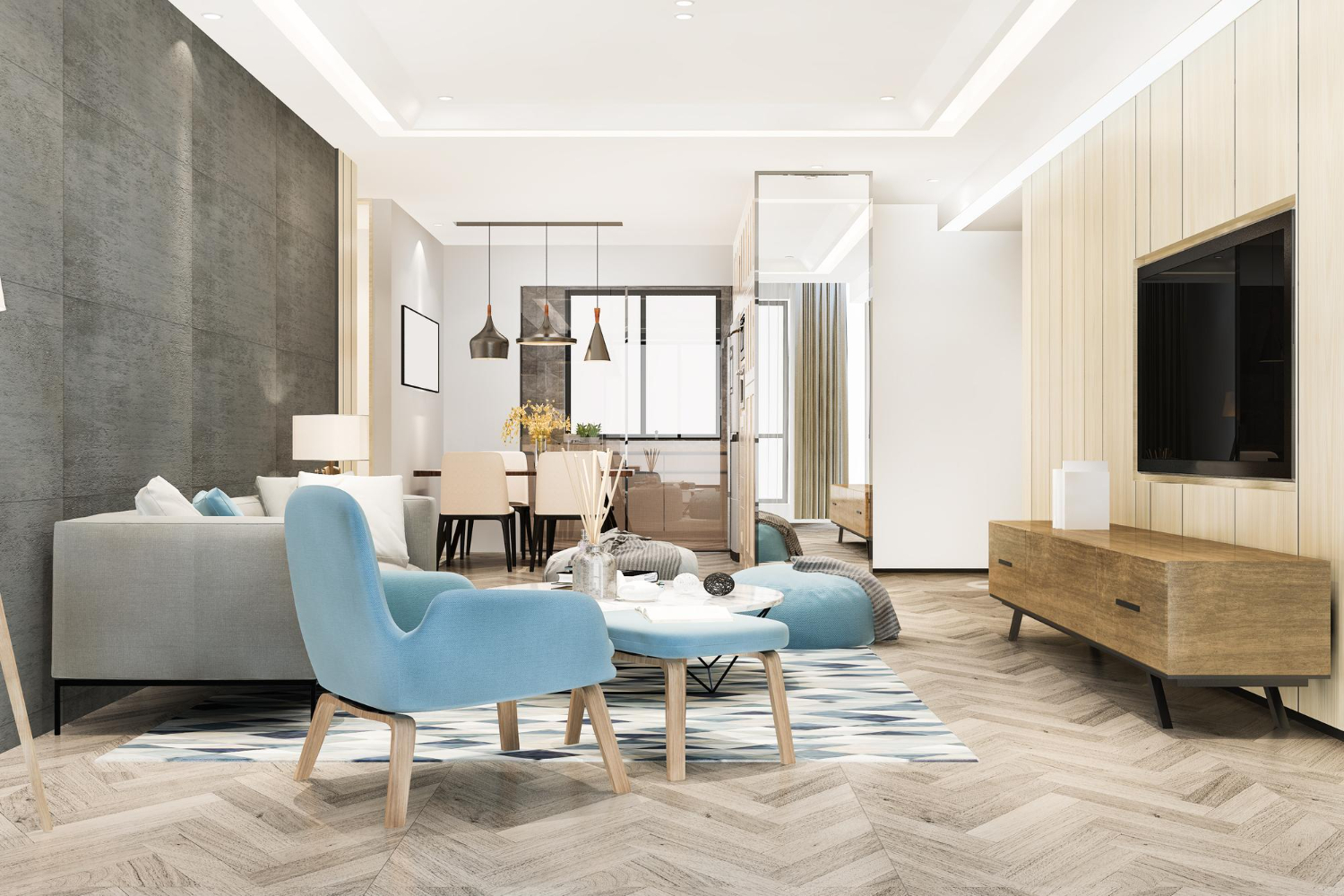 Hardwood flooring installation in modern living room